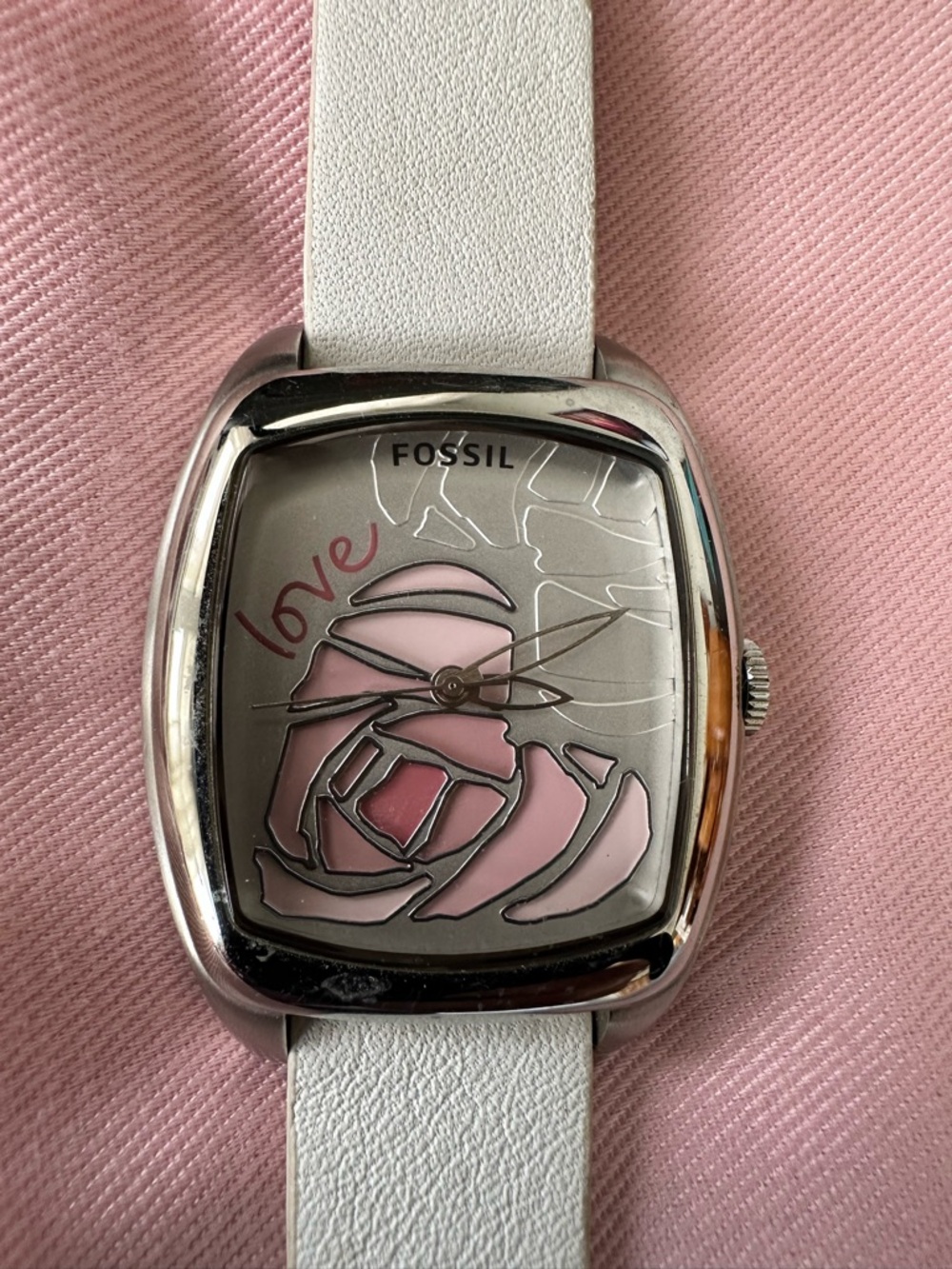 Fossil Silver Case White Strap Watch with Pink Floral Dial